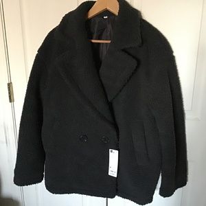 NWT Uniqlo GU Women Faux Shearling Teddy Fleece Half Coat Jacket black size M